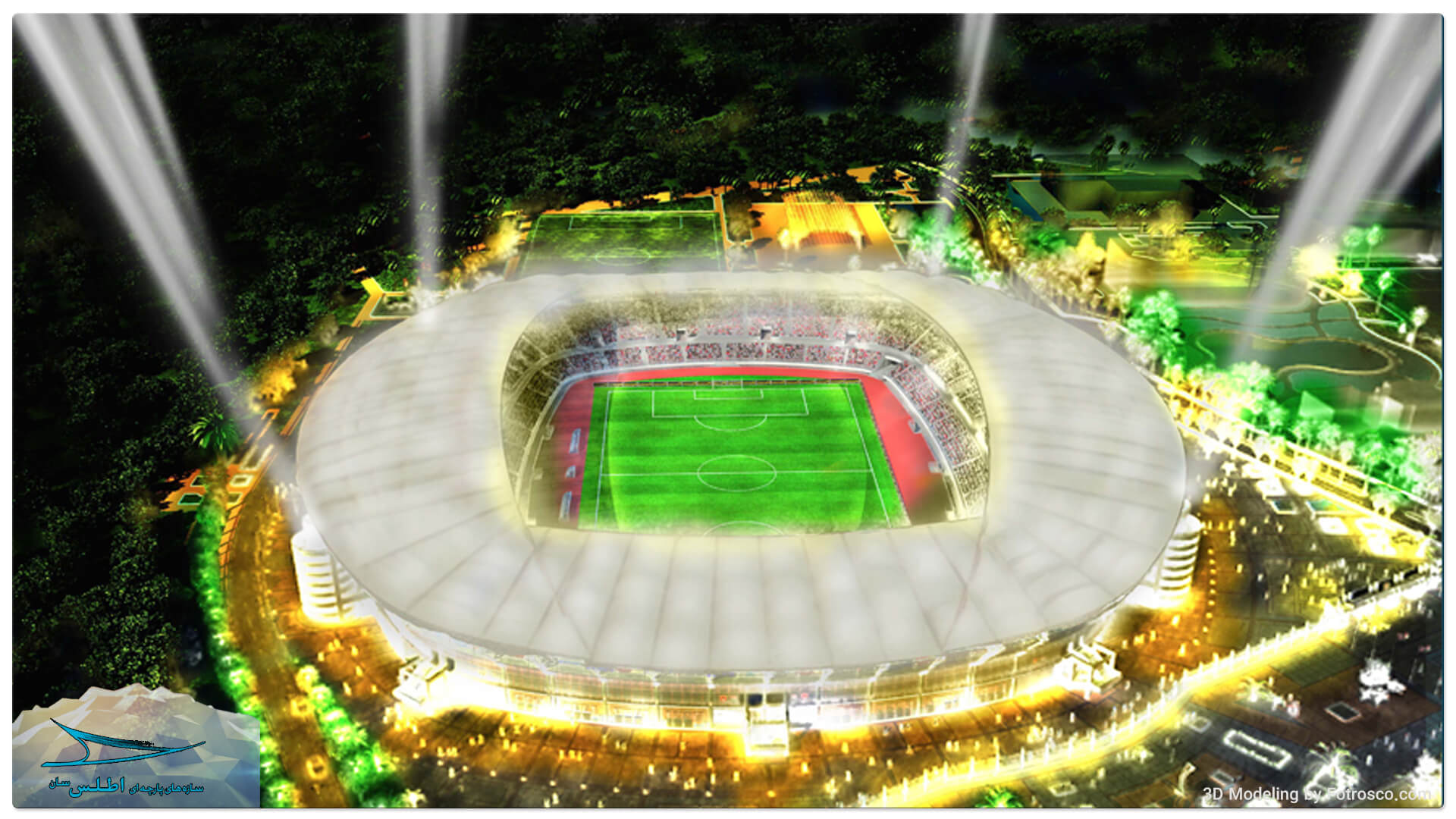 رندر و طرح سه بعدی فولاد آرنا در شب | اطلس سان